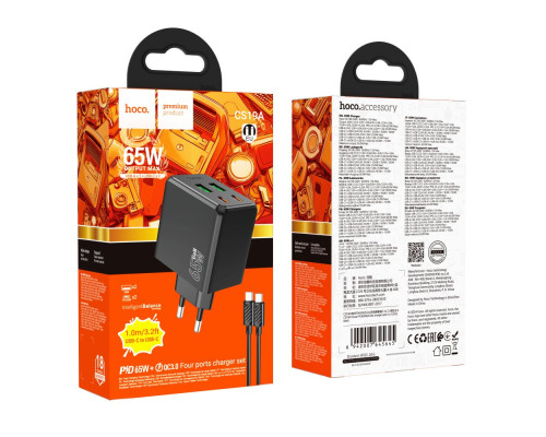 Мережевий Зарядний Пристрій Hoco CS19A 2USB-C/2USB PD/QC 65W+Type-C to Type-C М'ята упаковка Колір Чорний 2020000495376 ma38927_3868917