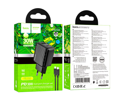 Зарядний пристрій Hoco CS23A 30W 3A USB-A+USB-С з кабелем Type-C to Lightning black PLS-00-00145280