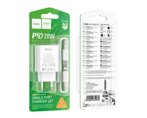 Зарядний пристрій Hoco C143A 20W 3A USB-C з кабелем C-L white PLS-00-00145464
