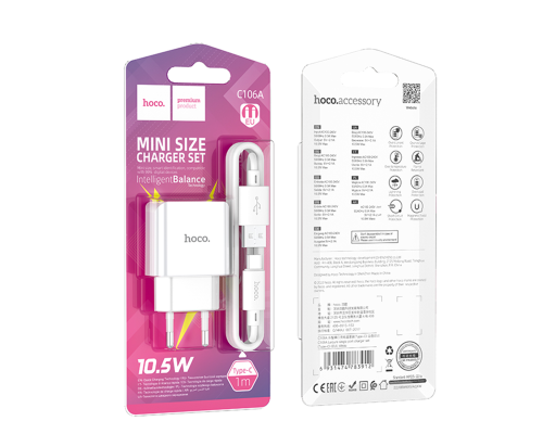 Зарядний пристрій Hoco C106A 10.5W 2.1A 1USB-A з кабелем Type-C white PLS-00-00102077