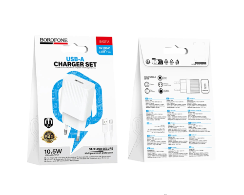 Зарядний пристрій Borofone BAS71A 10.5W 2.1A USB-A з кабелем A-C white PLS-00-00147787