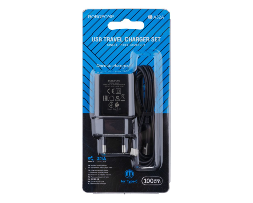 Зарядний пристрій Borofone BA52A 10.5W 2.1A 1USB-A з кабелем Type-C black PLS-00-00068120