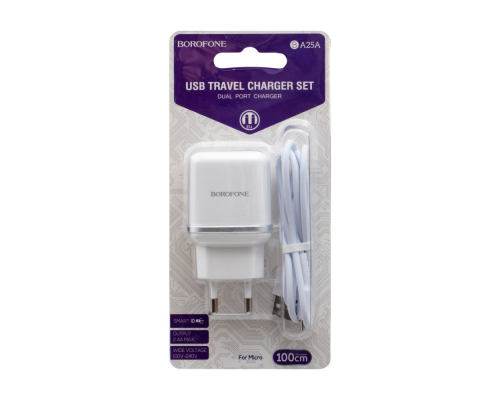 Зарядний пристрій Borofone BA25A 12W 2.4A 2USB-A з кабелем Micro USB white PLS-00-00054142