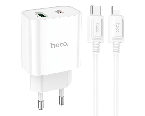 Зарядний пристрій Hoco C80A Plus 20W 3A 1USB-A+1USB-C з кабелем Lightning white PLS-00-00101563