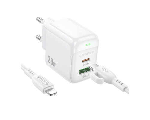Мережевий Зарядний Пристрій Borofone BAS44A 1USB-C/1USB PD/QC 20W+Type-C to Lightning Колір Бiлий 6941991113857 ma35138_3345029