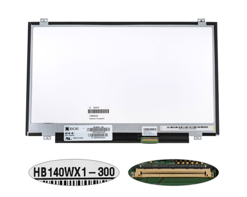 Матриця 14.0 HB140WX1-300 (1366*768, 40pin, LED, SLIM (вертикальні вушки), глянець, роз'єм праворуч знизу) для ноутбука (renew) NBB-140376