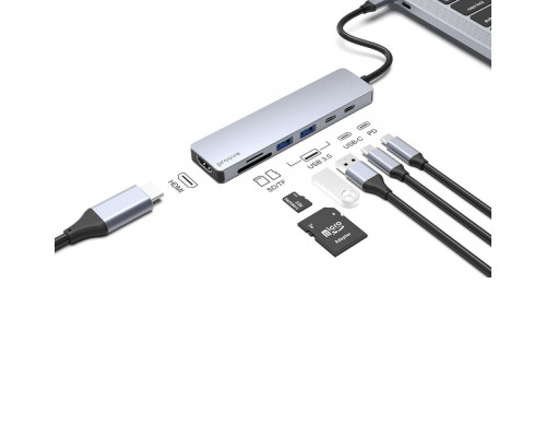 Type-C-Хаб Proove Iron Link 7 in 1 (2*Type-C + 2*USB3.0 + HDMI + SD/TF) silver 2003000155518 6901113155004