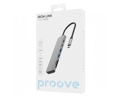 Type-C-Хаб Proove Iron Link 7 in 1 (2*Type-C + 2*USB3.0 + HDMI + SD/TF) silver 2003000155518 6901113155004