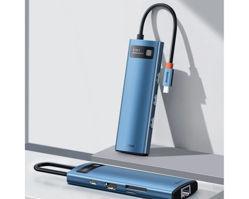 Type-C-Хаб Baseus Metal Gleam Series 8-in-1 Multifunctional (Type-C to HDMI*1+USB3.0*3+PD*1+RJ45*1+SD/TF*1) blue
