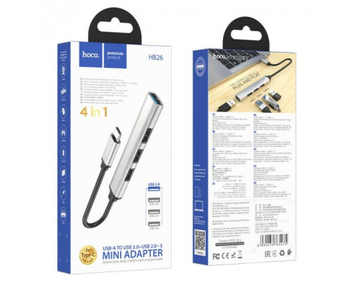 Хаб USB Hoco HB26 4 in 1 adapter(Type-C to USB3.0+USB2.0*3) Колір Сiрий 6931474765482