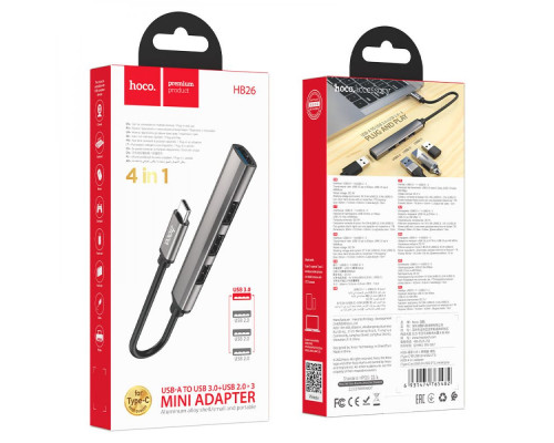 Хаб USB Hoco HB26 4 in 1 adapter(Type-C to USB3.0+USB2.0*3) Колір Сiрий 6931474765482