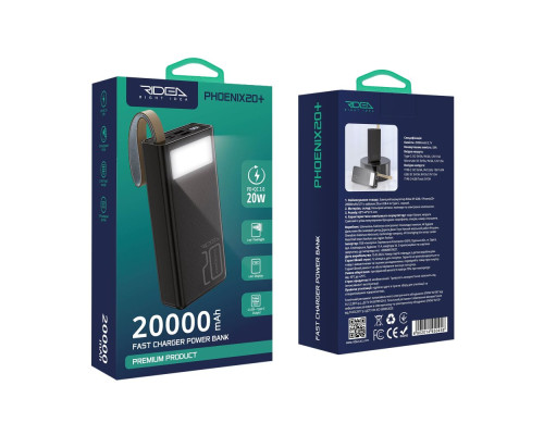 Універсальна Мобільна Батарея Power Bank Ridea RP-D20L+ Phoenix20+ PD/QC 3.0 20W digital display + lamp 20000 mAh Колір Чорний 6902014450458 ma33340_3868411