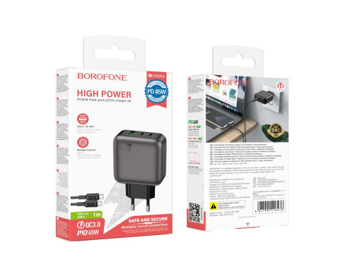 Мережевий Зарядний Пристрій Borofone BAS56A 2USB-C/1USB QC/PD 45W GAN+Type-C to Type-C Колір Чорний 6941991116278 ma35785_3605190