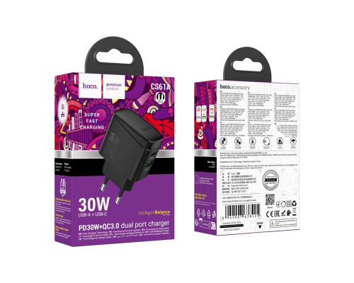 Мережевий Зарядний Пристрій Hoco CS61A 1USB/1USB-C PD/QC 30W Колір Чорний 6942007638425 ma35804_3605219
