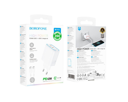 Мережевий Зарядний Пристрій Borofone BA90A 2USB-C PD/QC45W+Type-C to Type-C Колір Бiлий 6941991119408 ma36861_3609399