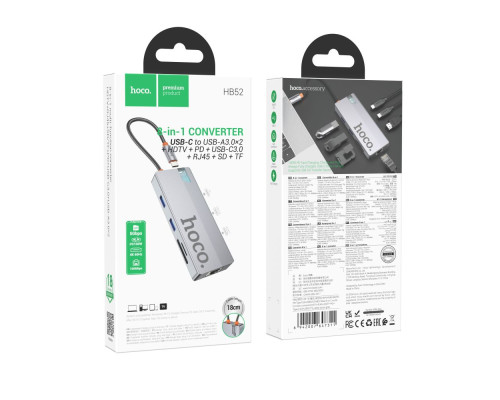 Хаб USB Hoco HB52 Type-C 8-in-1 (HDTV+RJ45-100Mbps+SD/TF+PD+Type-C3.0+USB3.0*2) Колір Сірий 6942007647311 ma37126_3610405