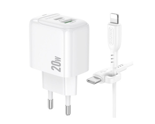 Мережевий Зарядний Пристрій Borofone BAS44A 1USB-C/1USB PD/QC 20W+Type-C to Lightning Колір Бiлий 6941991113857 ma35138_3345029
