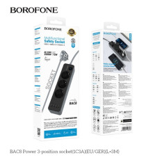 Мережевий Подовжувач Borofone BAC8 (1C3A)(EU)(L=3M) М'ята упаковка Колір Чорний 2020000449027