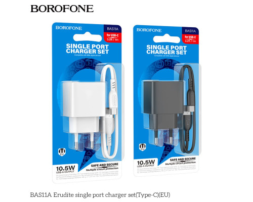 Мережевий Зарядний Пристрій Borofone BAS11A 1USB 2.1A+USB to Type-C Колір Чорний 6941991104657 ma37485_3612145