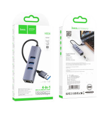 Хаб USB Hoco HB34 Easy link Gigabit Ethernet adapter(USB to USB3.0*3+RJ45) М'ята упаковка Колір Сiрий 2020000478898 ma38033_3667318