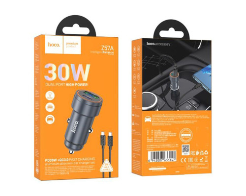Автомобільний Зарядний Пристрій Hoco Z57A 1USB/1USB-C PD30W/QC3.0+Type-C to Type-C Колір Сiрий 6942007633147 ma35606_3347275