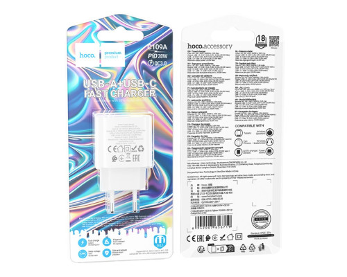 Мережевий Зарядний Пристрій Hoco C109A 1USB-C/1USB PD/QC 20W Колір Бiлий 6942007656719 ma38217_3667899