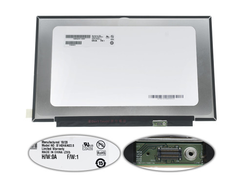 Матриця 14.0 B140HAN03.8 (1920*1080, 30pin(eDP, MIPI, 300cd/m2 (!!!), 16.2M, 72% NTSC, IPS), LED, SLIM (без планок та вушок), глянець, роз'єм праворуч знизу) для ноутбука NBB-101746