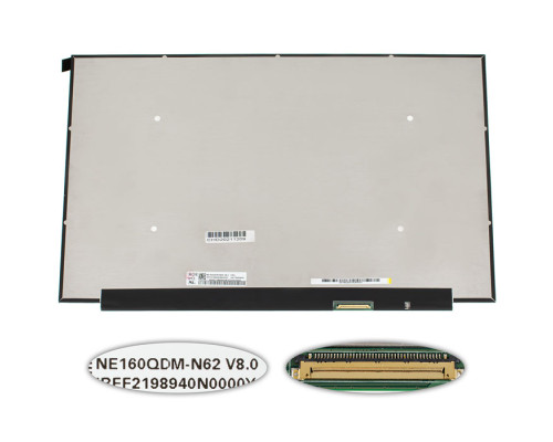 Матриця 16.0" NE160QDM-N62 (2560*1600, 40pin(eDP, IPS, 350cd/m2, 100% sRGB), LED, SLIM(без планок та вушок), матова, роз'єм справа внизу) для ноутбука