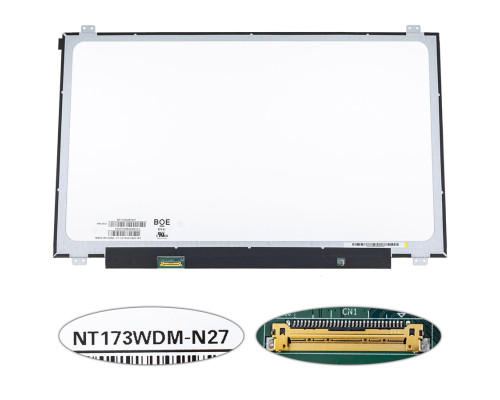 Матриця 17.3" NT173WDM-N27 (1600 * 900, 30pin (eDP), LED, SLIM (вертикальні вушка), матова, роз'єм зліва внизу) для ноутбука NBB-139242