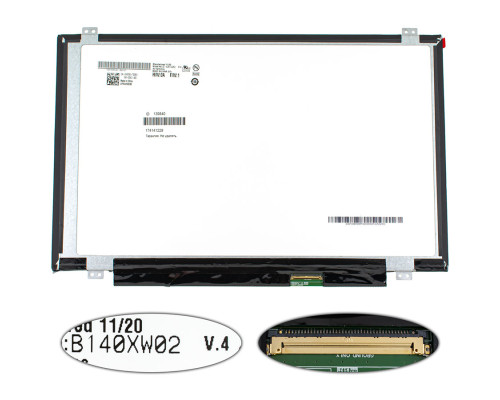 Матриця 14.0 B140XW02 V.4 (1366*768, 40pin, LED, SLIM (вертикальні вушки), глянцева, роз'єм праворуч знизу) для ноутбука NBB-139840