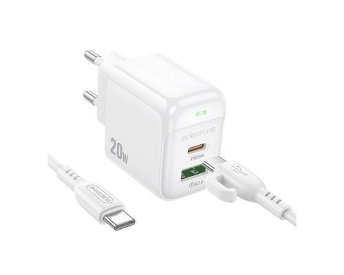 Мережевий Зарядний Пристрій Borofone BAS44A 1USB-C/1USB PD/QC 20W+Type-C to Type-C Колір Бiлий 6941991113864 ma35139_3345030