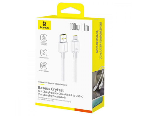 Кабель Baseus Crystal Fast Charging Data USB to Type-C (Car Charging Supported) 100W/7.5W (1m) white 2003000306835 6942521204892