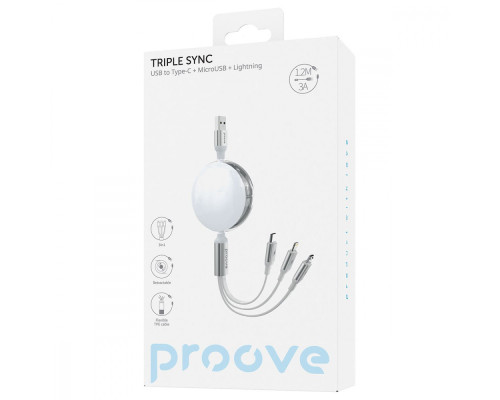Кабель Proove Triple Sync 3 in 1 Type-C + Micro USB + Lightning (1.2m) white 2001001860295 6901113895719