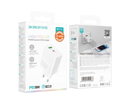 Мережевий Зарядний Пристрій Borofone BA75A Powerfull PD+QC 30W Колір Бiлий 6941991101083