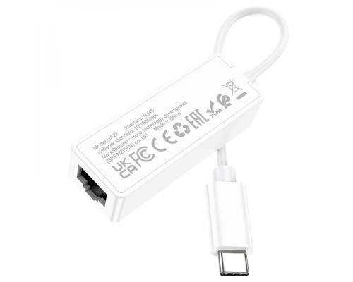 Перехідник Hoco UA22 Type C to Ethernet adapter (100 Mbps) Колір Бiлий