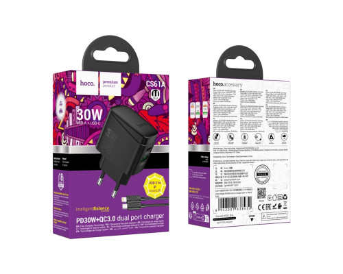Мережевий Зарядний Пристрій Hoco CS61A 1USB/1USB-C PD/QC 30W+Type-C to Lightning Колір Чорний 6942007638432 ma35805_3605220