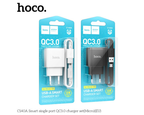 Мережевий Зарядний Пристрій Hoco C140A 1USB QC 18W+USB to Micro Колір Чорний 6942007627801