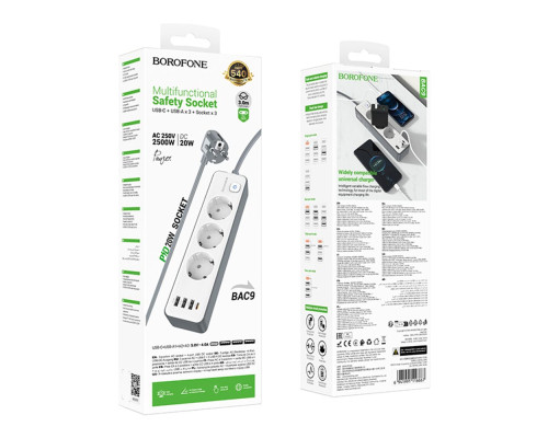 Мережевий Подовжувач Borofone BAC9 (PD20W/1C3A)(EU)(L=3M) Колір Бiлий 6941991116667 ma35771_3605169