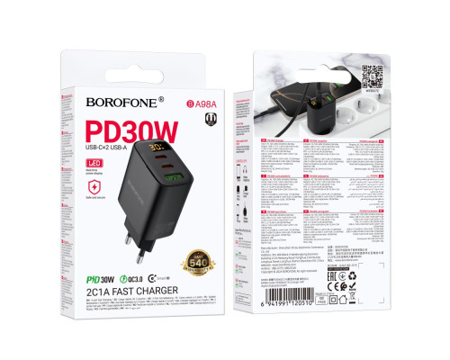 Мережевий Зарядний Пристрій Borofone BA98A 2USB-C/1USB PD/QC 30W Led Display Колір Чорний 6941991120510 ma37244_3611061