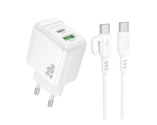 Мережевий Зарядний Пристрій Borofone BAS44A 1USB-C/1USB PD/QC 20W+Type-C to Type-C Колір Бiлий 6941991113864 ma35139_3345030