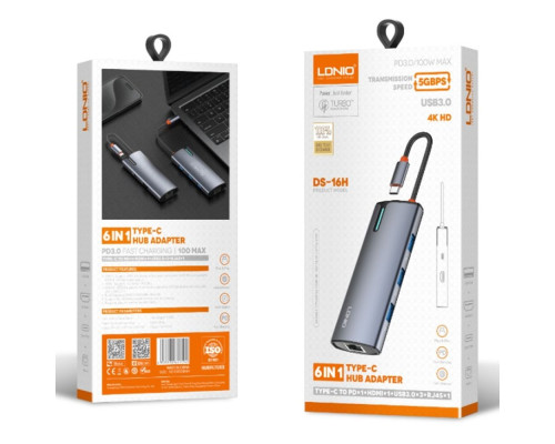 USB Hub LDNIO DS-16H Type-C To PD*1(100W)+HDMI*1(4K@30hz)+USB3.0*3+RJ45*1(1Gbps) Колір Сiрий 6933138601594 ma37444_3611731