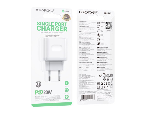 Мережевий Зарядний Пристрій Borofone BA99A 1USB-C PD/QC 20W Колір Бiлий 6941991121357 ma37689_3663826