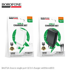 Мережевий Зарядний Пристрій Borofone BAS72A 1USB QC3.0 18W+USB to Micro Колір Чорний 6941991122651 ma38209_3667884