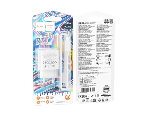 Мережевий Зарядний Пристрій Hoco C109A 1USB-C/1USB PD/QC 20W+Type-C to Type-C Колір Бiлий 6942007656733 ma38219_3667901