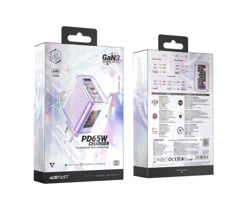 Зарядний пристрій Acefast A45 65W 3A USB-A+2USB-С purple PLS-00-00124909