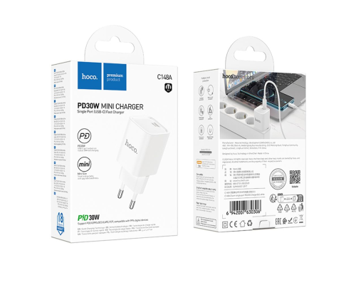 Зарядний пристрій Hoco C148A 30W 3A USB-C white PLS-00-00145454