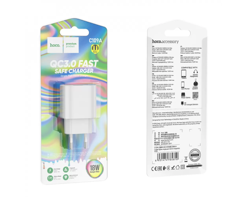 Зарядний пристрій Hoco C109A 18W 3A 1USB-A white PLS-00-00102657