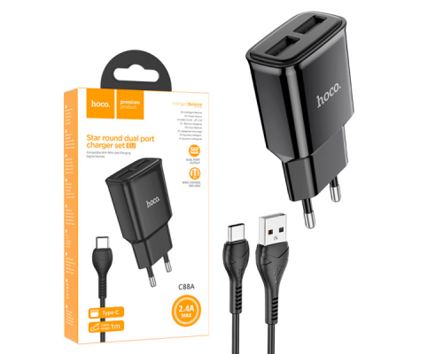 Зарядний пристрій Hoco C88A 12W 2.4A 2USB-A з кабелем Type-C black PLS-00-00079920