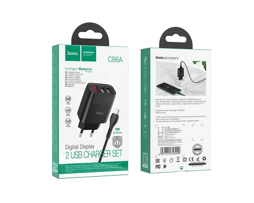Зарядний пристрій Hoco C86A з кабелем Micro USB 2.4A 2USB black PLS-00-00072556