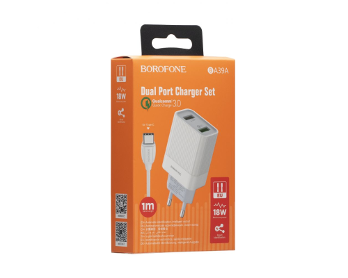 Зарядний пристрій Borofone BA38A Plus 20W 3A 2USB-A з кабелем Type-C white PLS-00-00061633